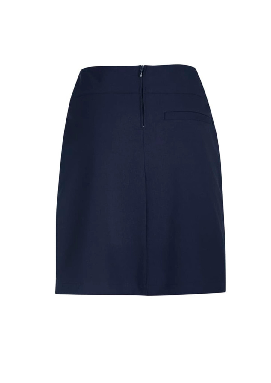 A navy skort with a zip closure at the back and a pocket on the side. It has a simple and elegant design.
