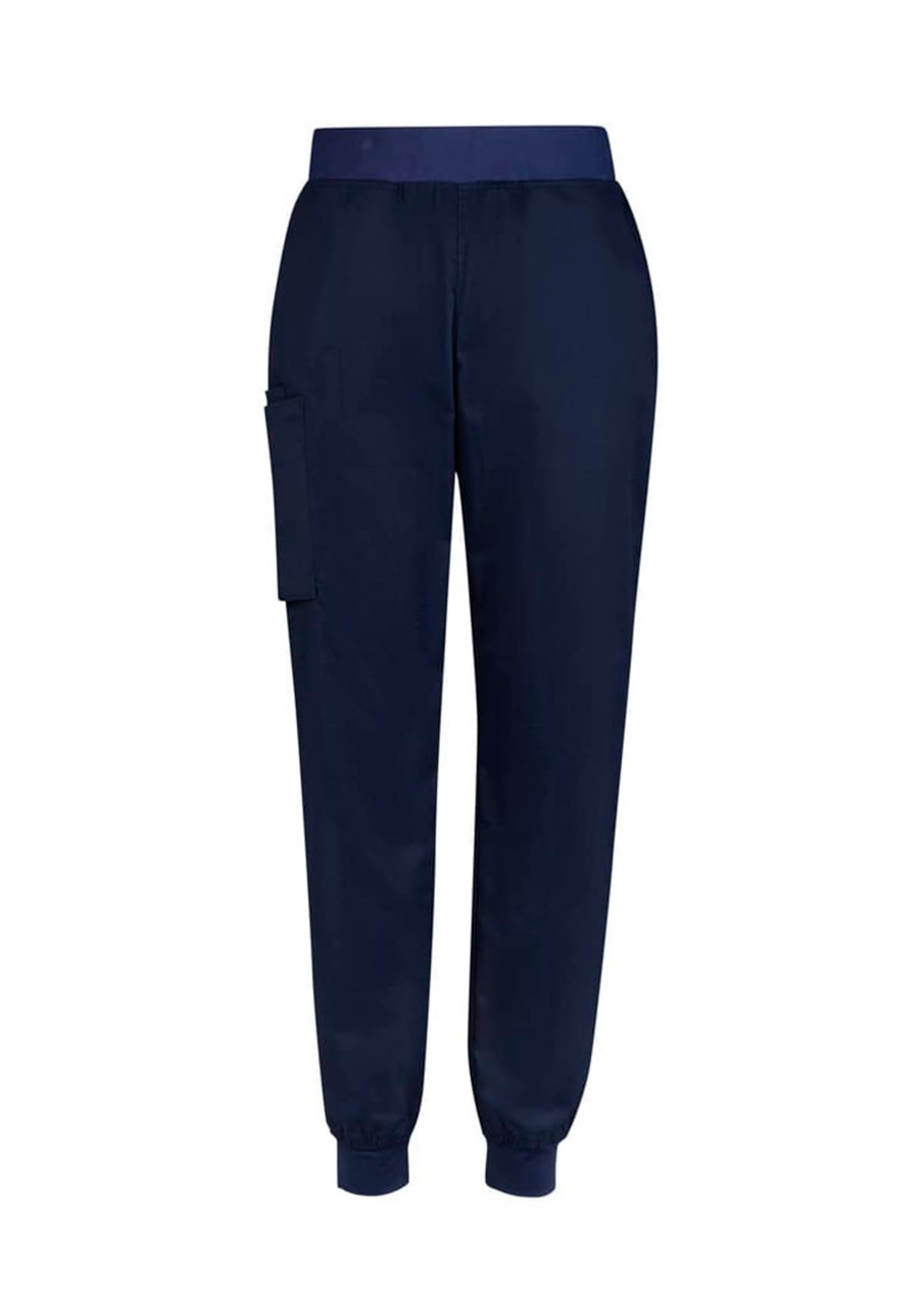 A pair of navy slim leg jogger scrub pants with an elastic waistband and side pocket.