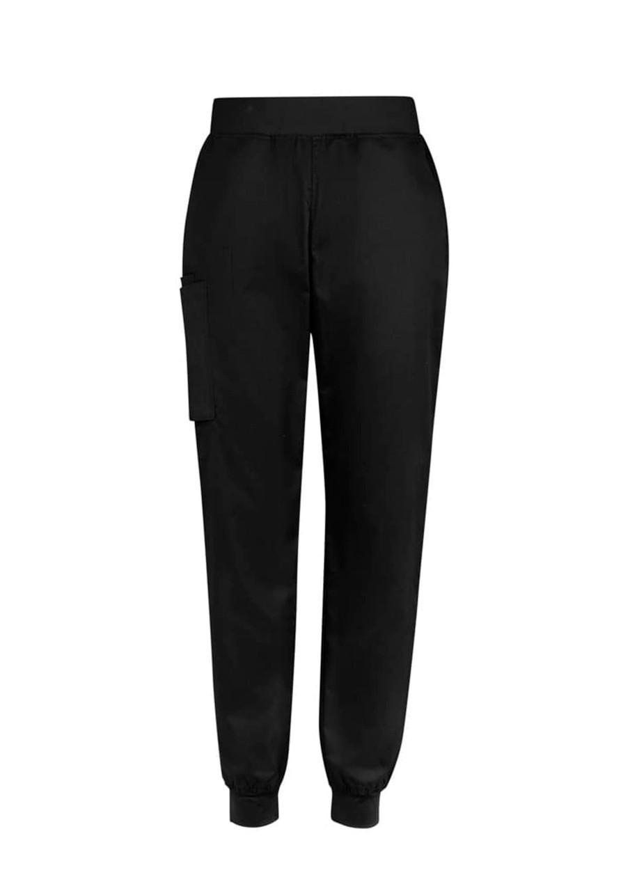 A pair of black slim leg jogger scrub pants featuring a side pocket and elastic cuffs.