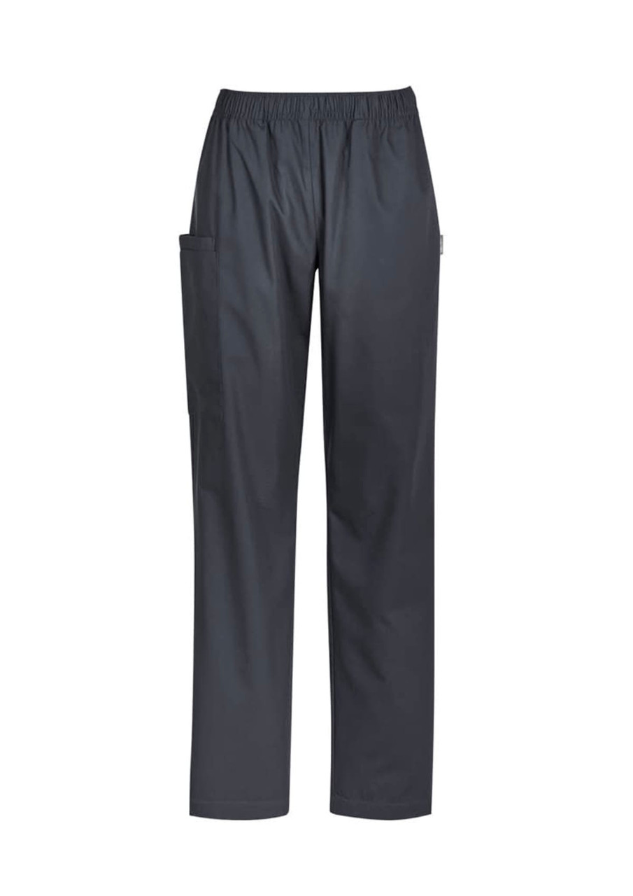 Women's Tokyo scrub pants in dark grey with an elastic waistband and side pockets. Features branding.