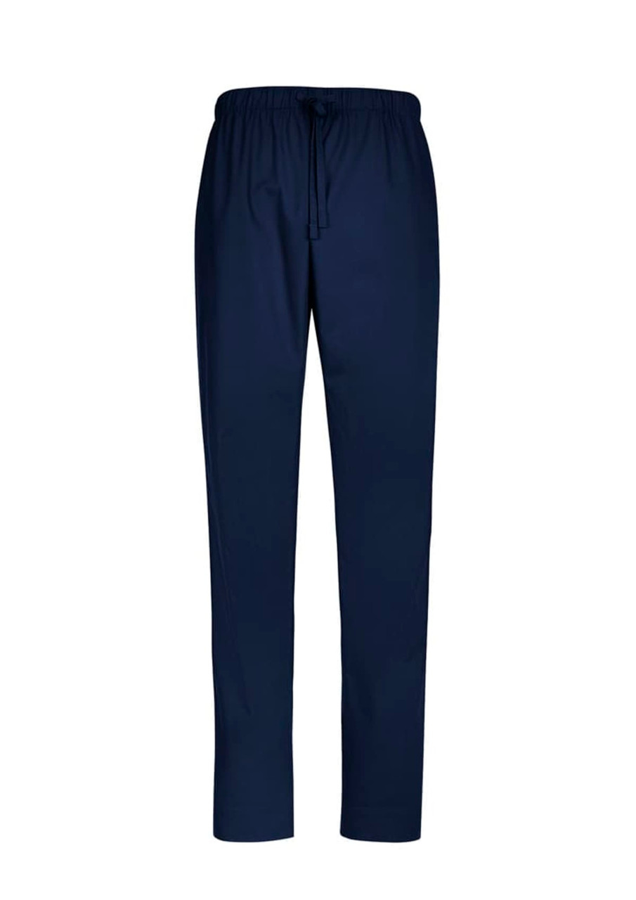 Navy unisex scrub pants with a relaxed fit, featuring an elastic waistband and drawstring, reversible design.