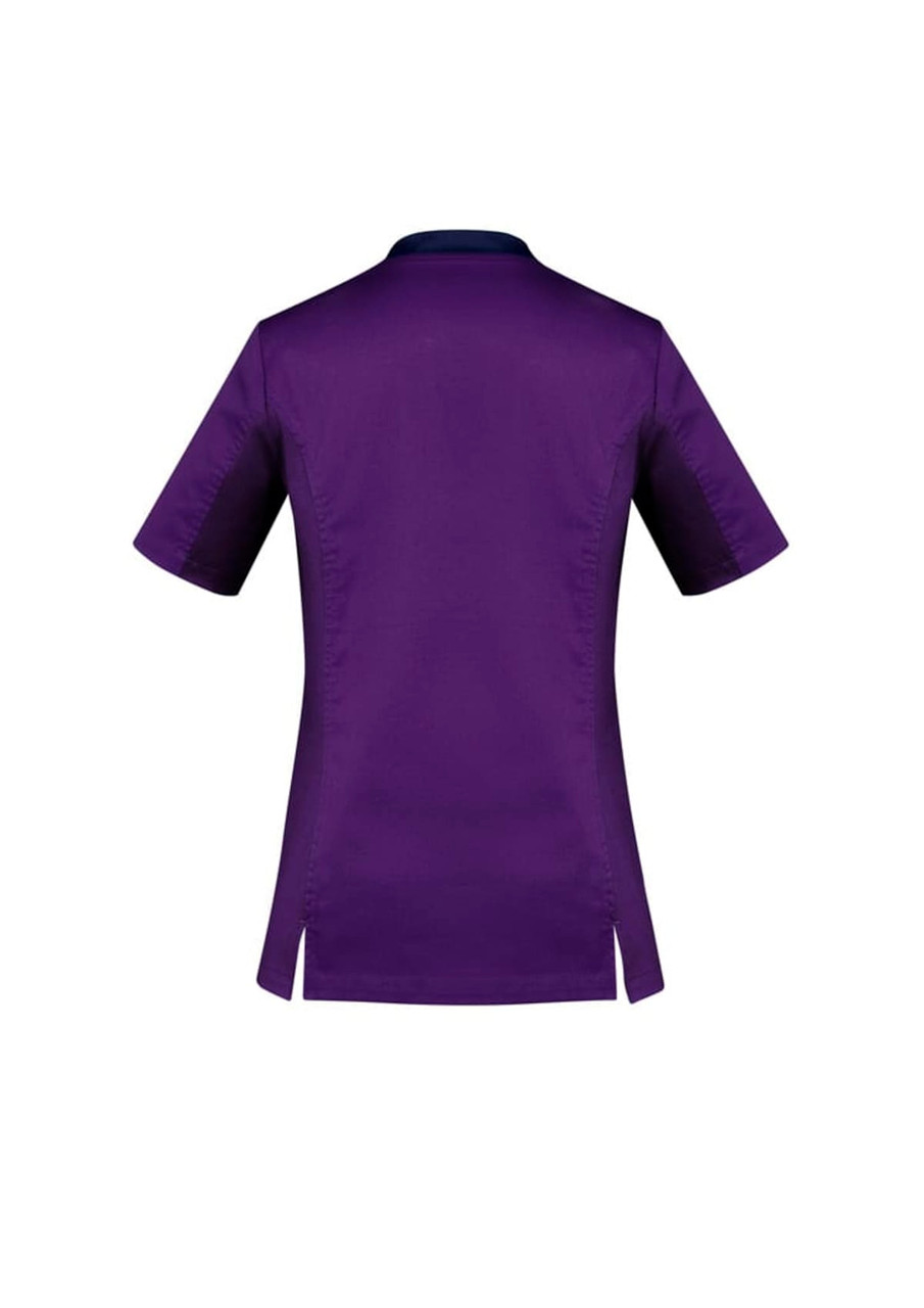 A purple women's scrub top with short sleeves and side slits, featuring a logo on the back.