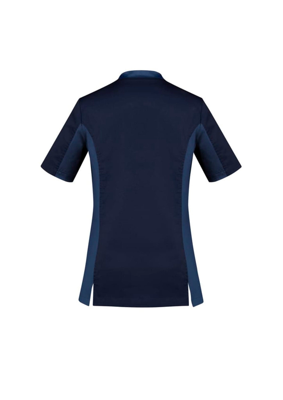 A women's scrub top in navy blue with short sleeves and side panels. The top features a logo.
