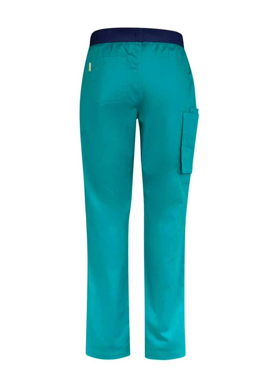 A pair of men's straight leg scrub pants in teal, featuring a back pocket and a logo.