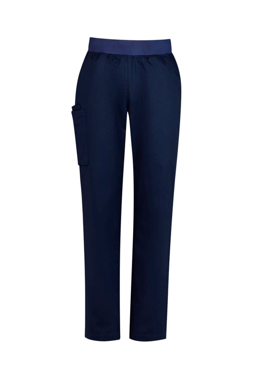 Navy women's straight-leg scrub pants featuring a side pocket and an elastic waistband. Includes branding on the waistband.