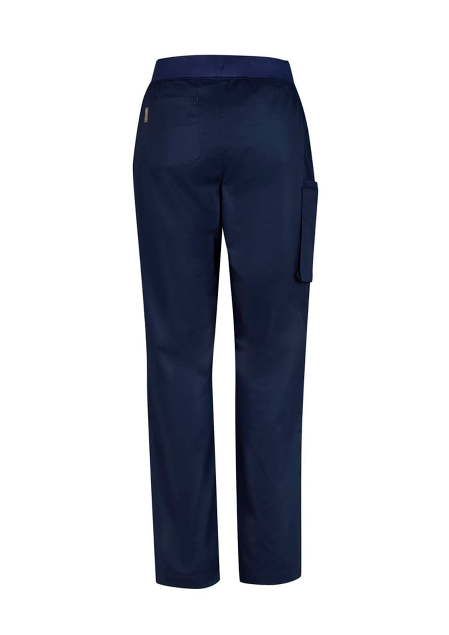 Navy women's scrub pants featuring a straight leg design and a side pocket, with a logo on the back.
