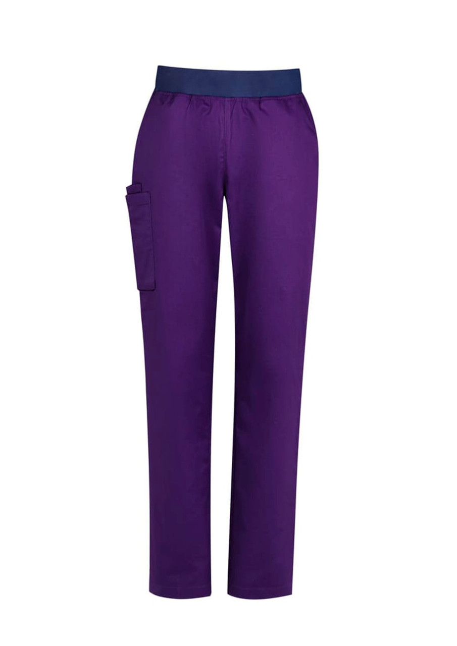 Purple straight leg scrub pants with a navy waistband and a side pocket. The design is tailored for women's uniforms.
