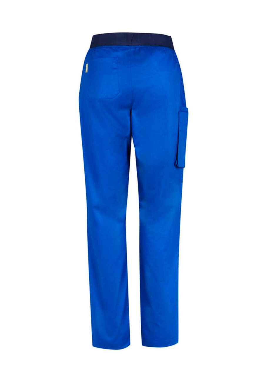 A pair of blue women's straight leg scrub pants with a pocket, featuring an elastic waistband and a logo.