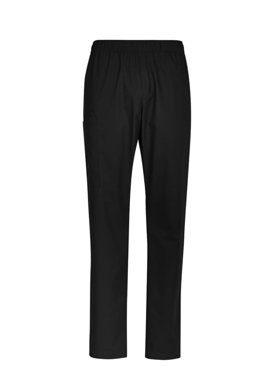 Men's scrub pants in black, featuring an elastic waistband and a side pocket. Includes branding.