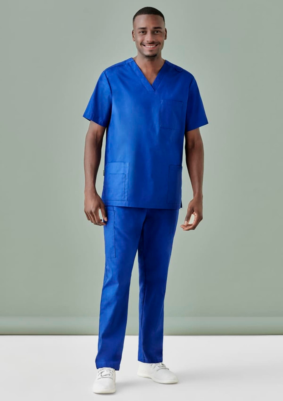 Men's scrub pants in vibrant blue, paired with a matching scrub top, featuring pockets. The model is standing against a neutral background.
