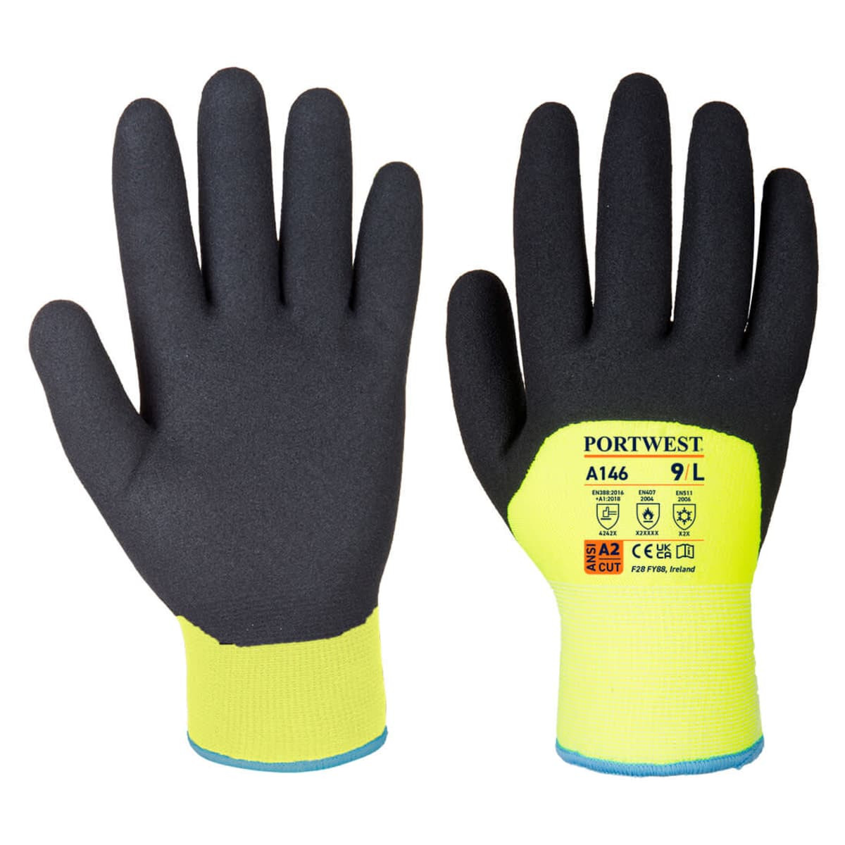 A pair of black and high-visibility yellow gloves with a fitted wrist and a logo. Suitable for cold weather.