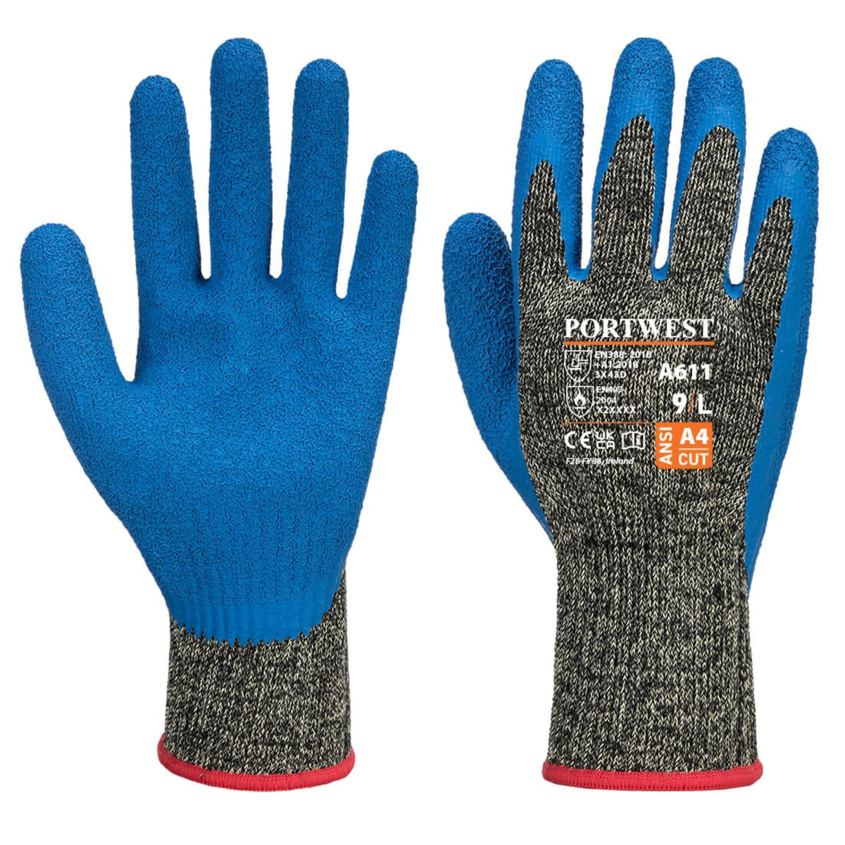 Blue and grey cut-resistant gloves with a textured finish and a safety cuff, featuring a logo on the wrist area.