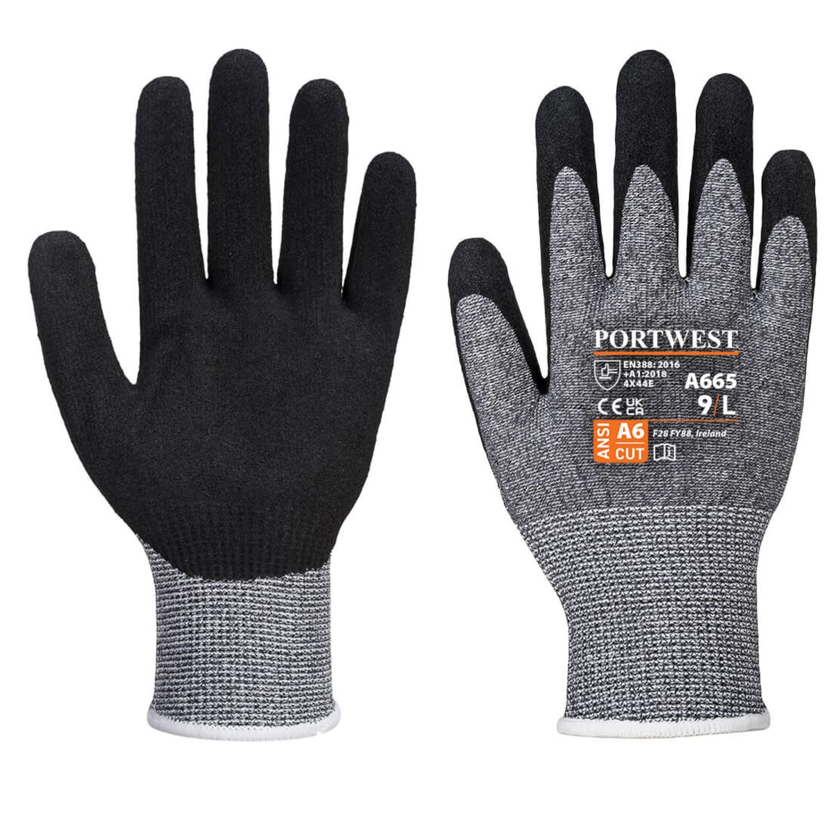 A pair of black and grey cut-resistant gloves with a textured grip and a label on one glove.