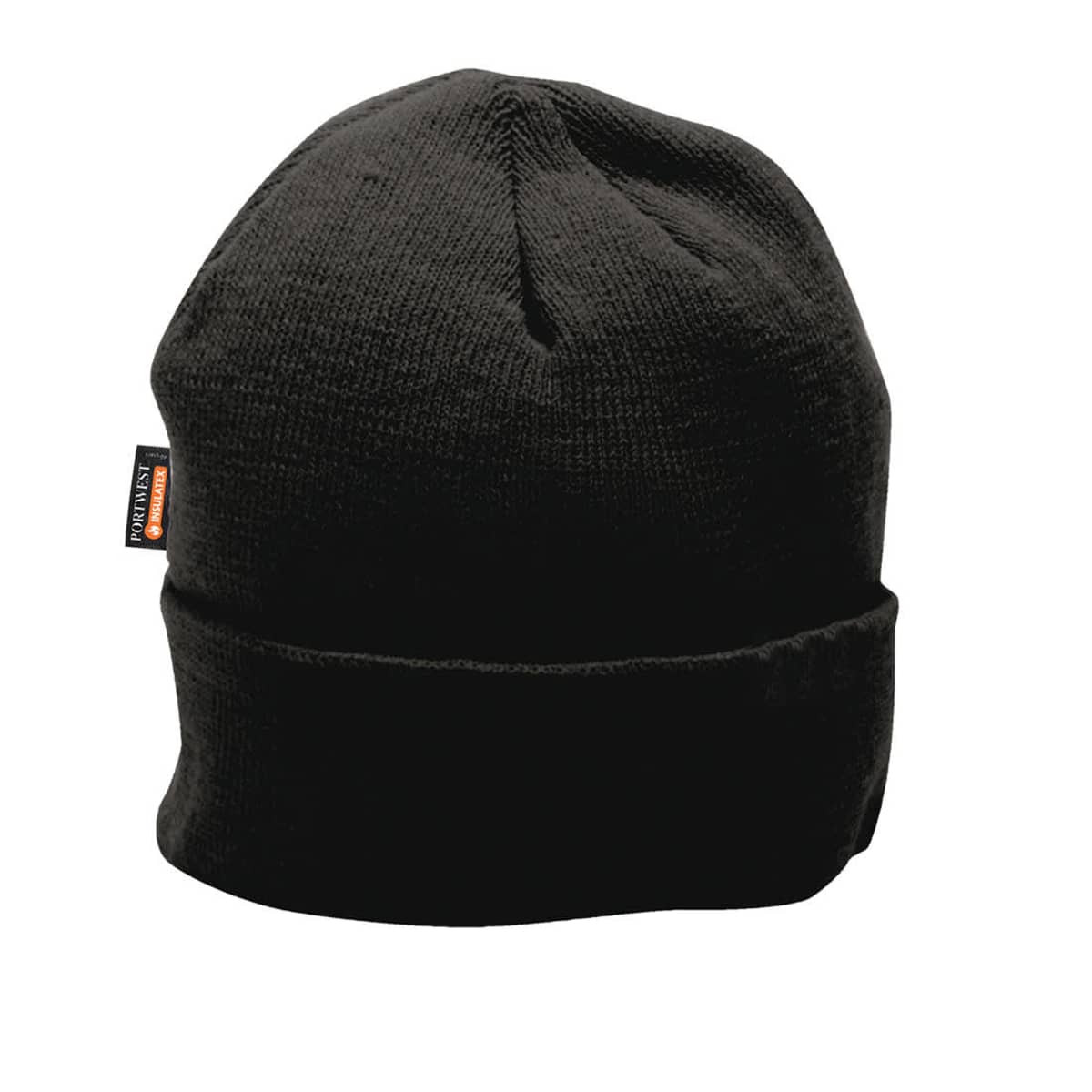 A black knit cap with a folded cuff and a branding tag attached.