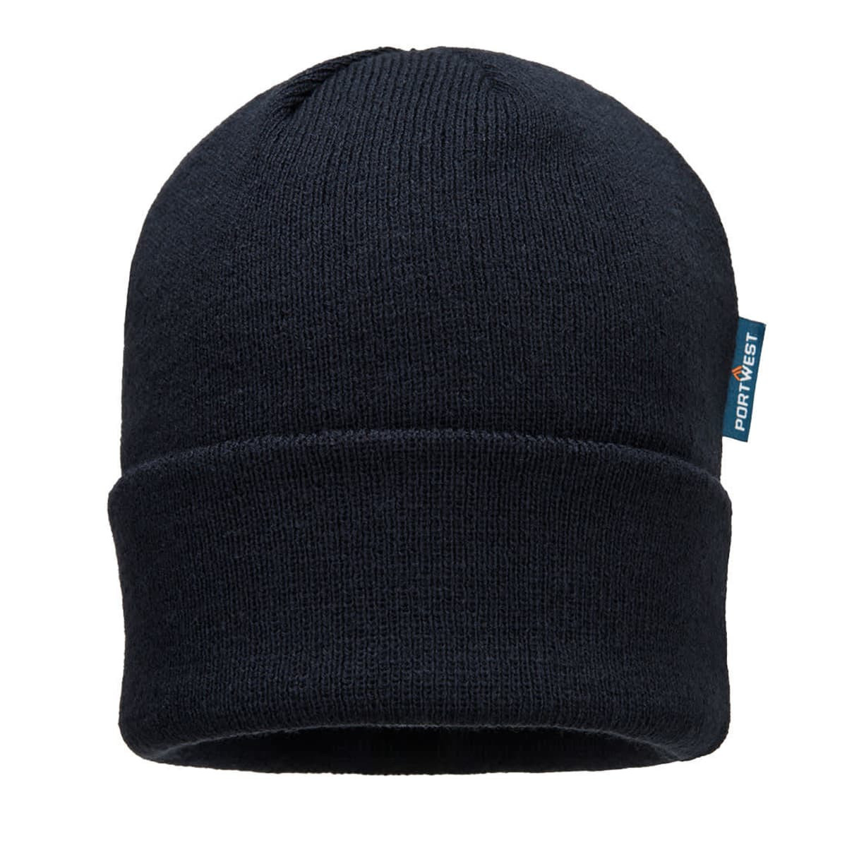 A navy insulated knit beanie featuring a folded cuff and a small logo tag.