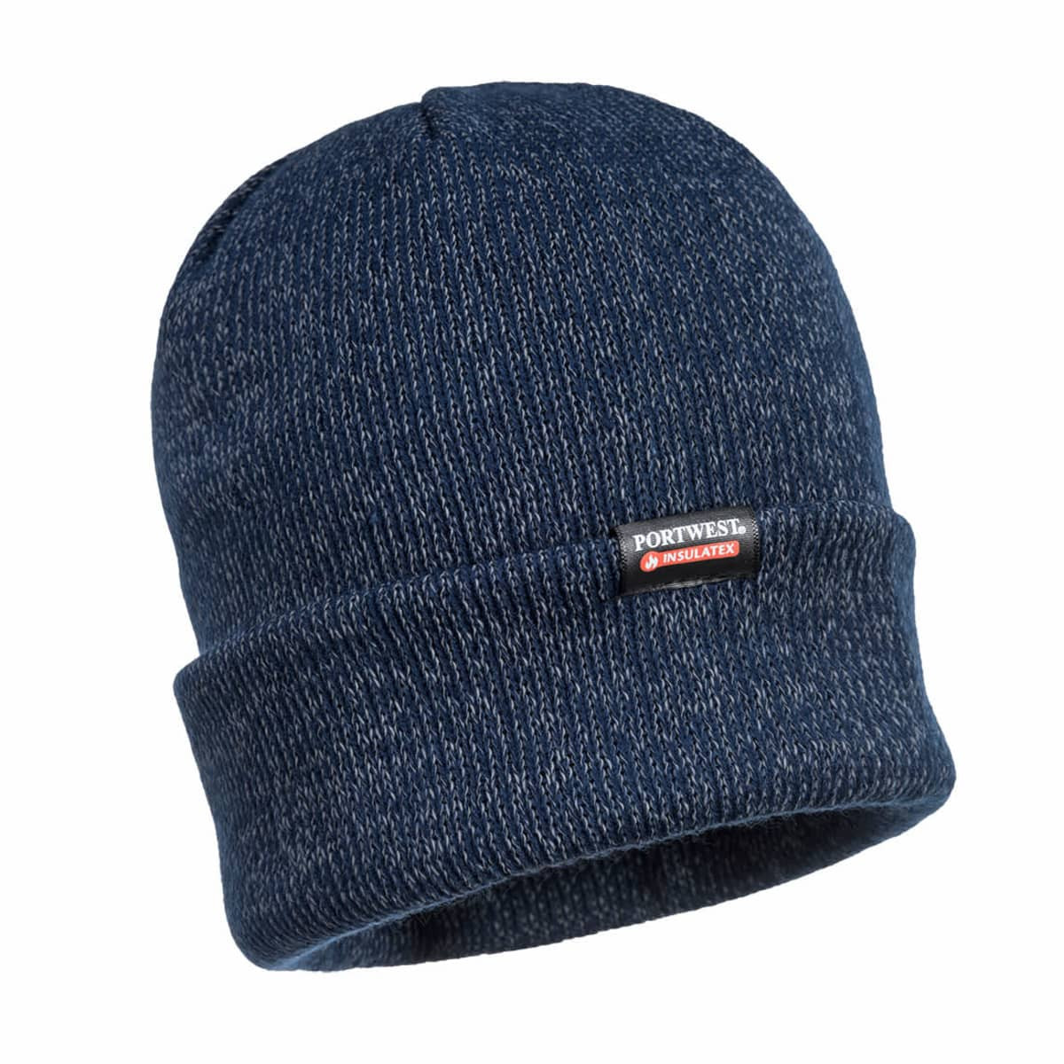 A navy blue knitted beanie featuring a folded cuff and a small logo tag.