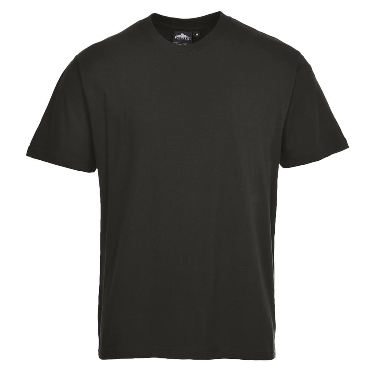 A black premium T-shirt with a round neckline and short sleeves, featuring a brand logo.