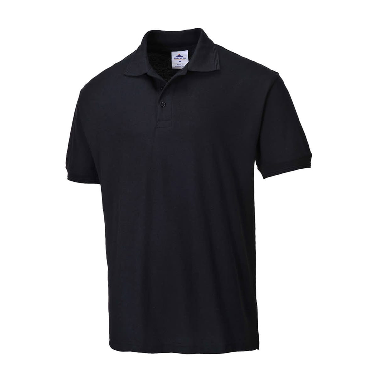 A black polo shirt with a collar and three-button placket. It features a logo on the chest.