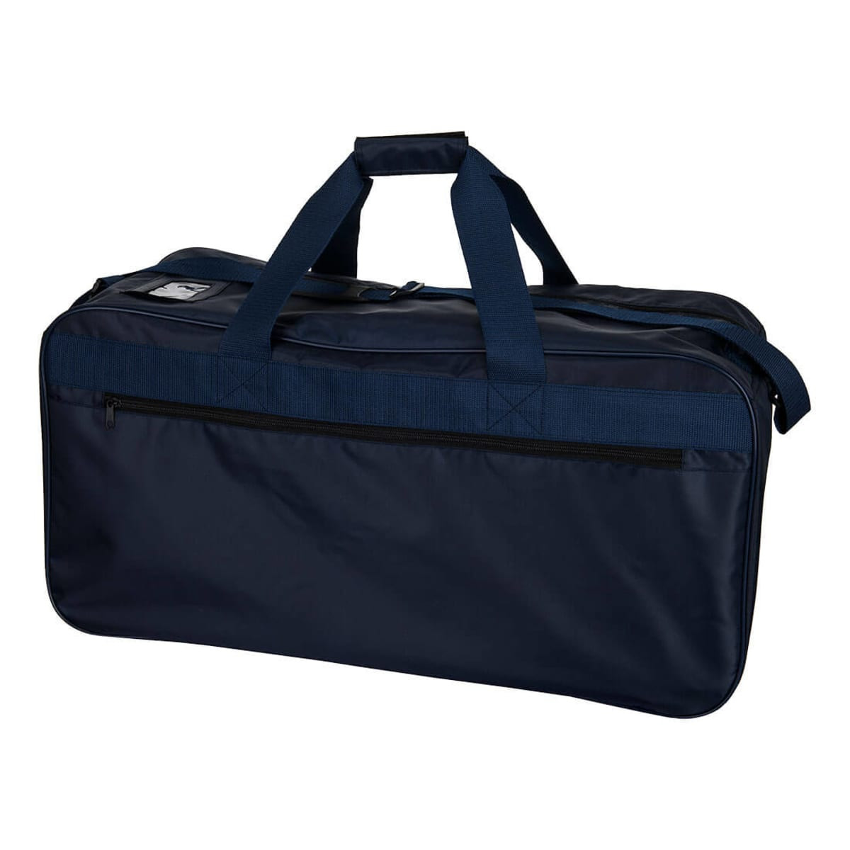 A navy blue duffle bag with handles and a front zip pocket, featuring a logo.
