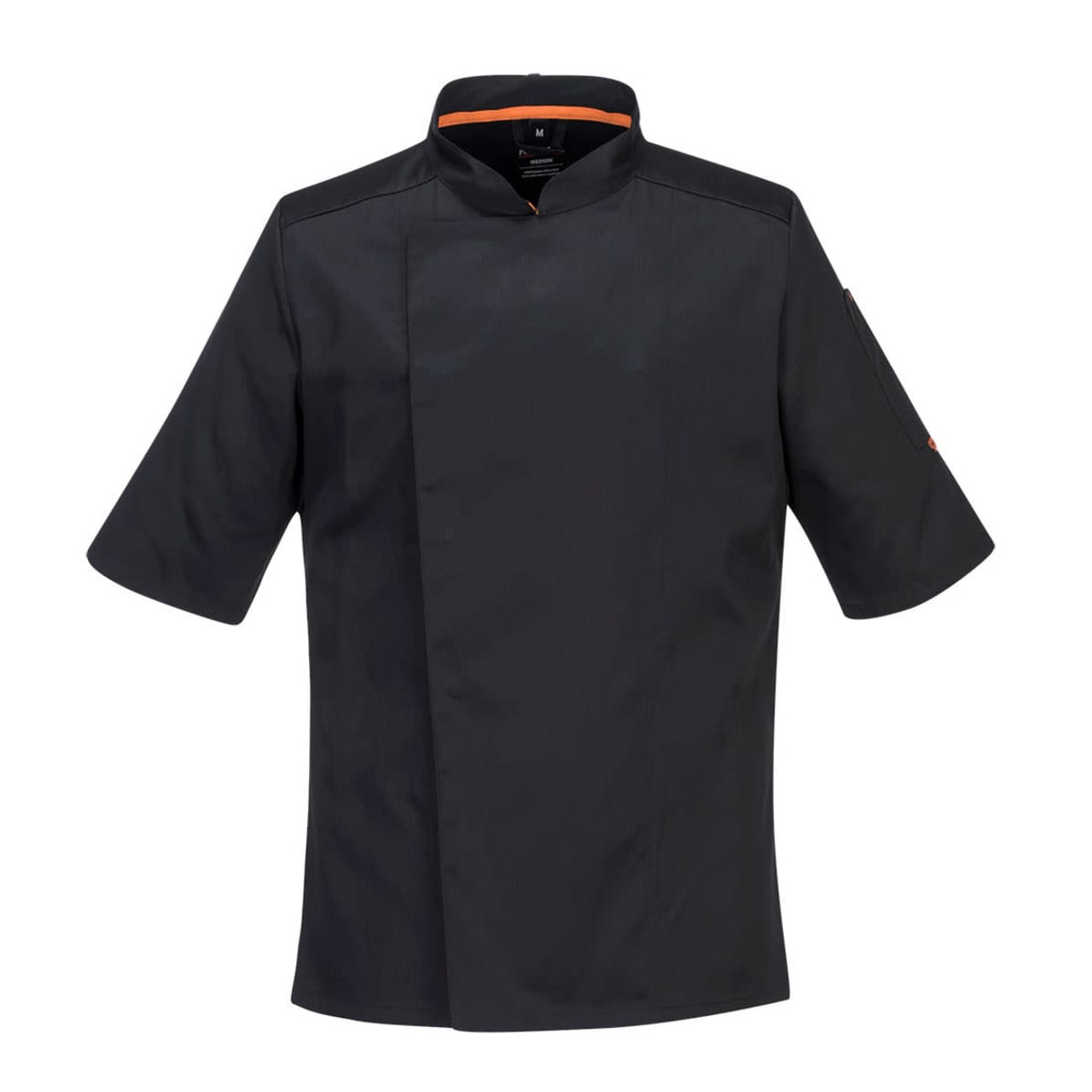 A black short-sleeved chef jacket with orange accents and a side logo.