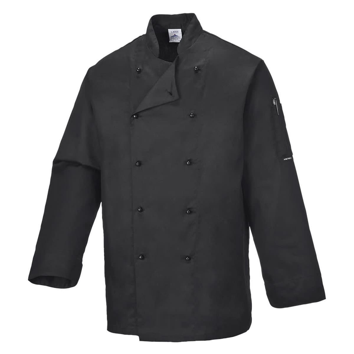 A black chef jacket with a double-breasted design and a zippered pocket on the sleeve. It features a logo.