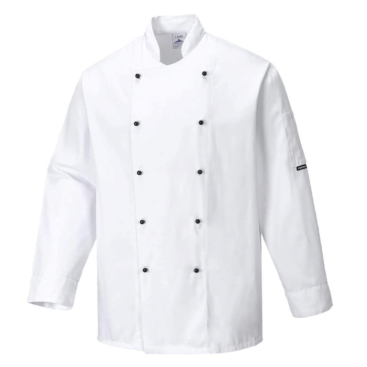 A white chef jacket with a double-breasted design and black buttons, featuring a logo on one sleeve.