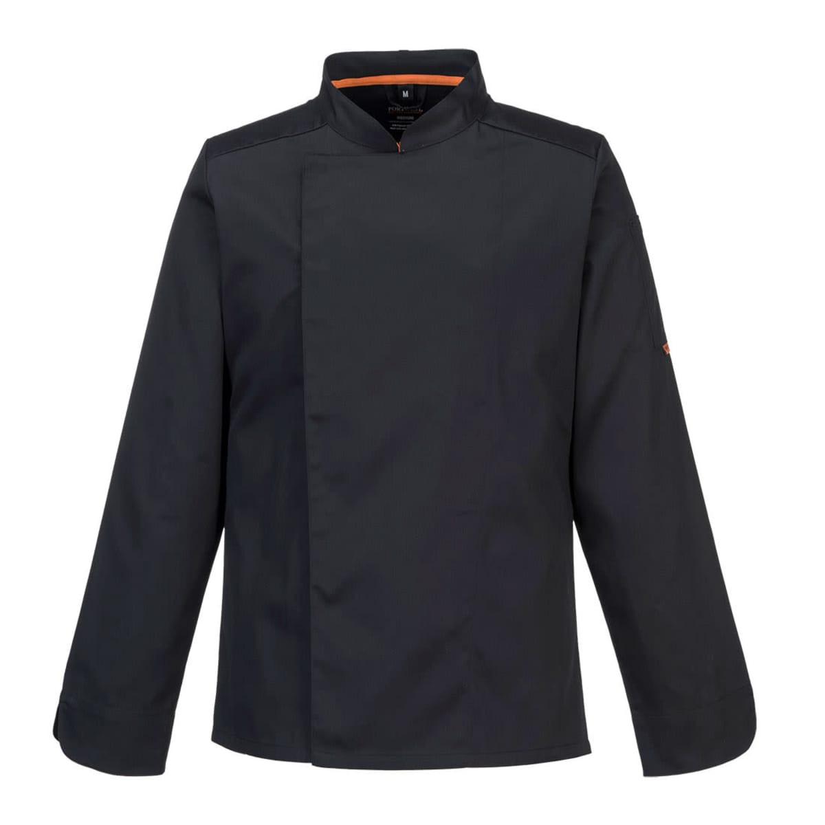 A black chef jacket with long sleeves and a front closure, featuring a collar and an accent colour. It has a logo on one sleeve.