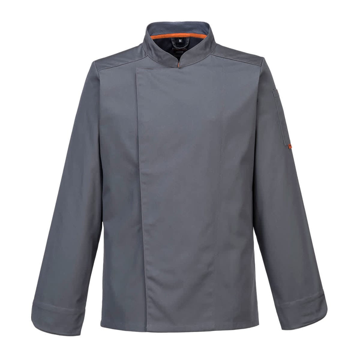 A grey long-sleeve jacket featuring a high collar and a logo, suitable for various casual settings.