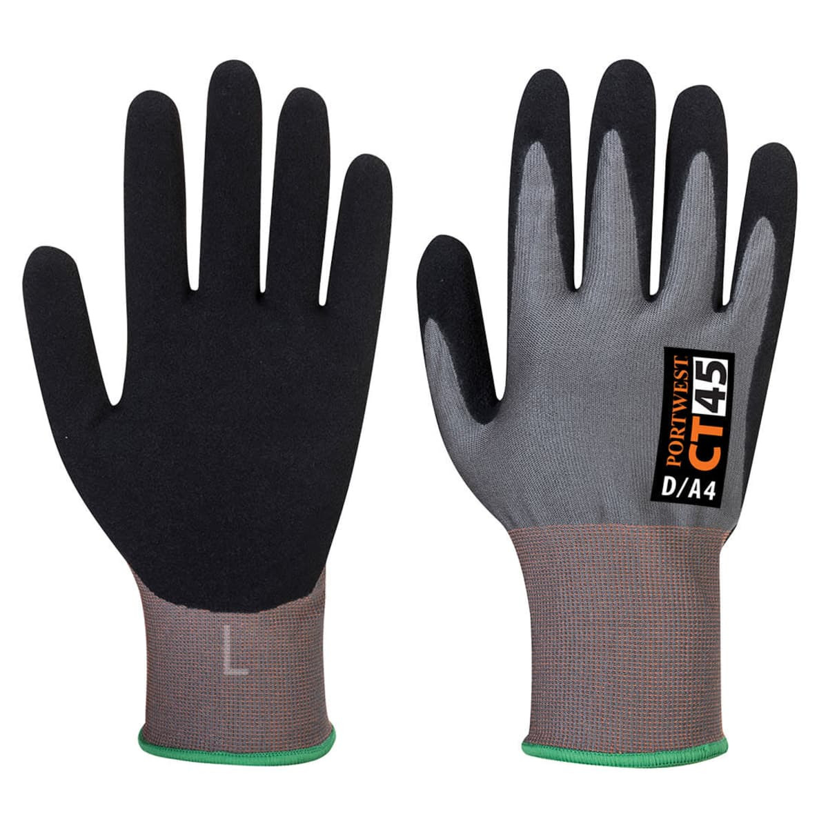 A pair of black and grey gloves with a textured grip and a branded logo on the wrist.