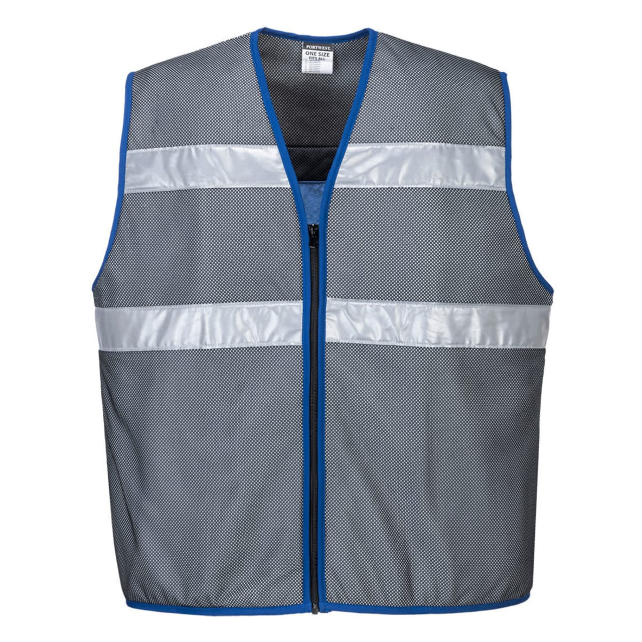 A grey mesh cooling vest with blue trim and reflective strips, featuring a front zipper. Branding is visible.
