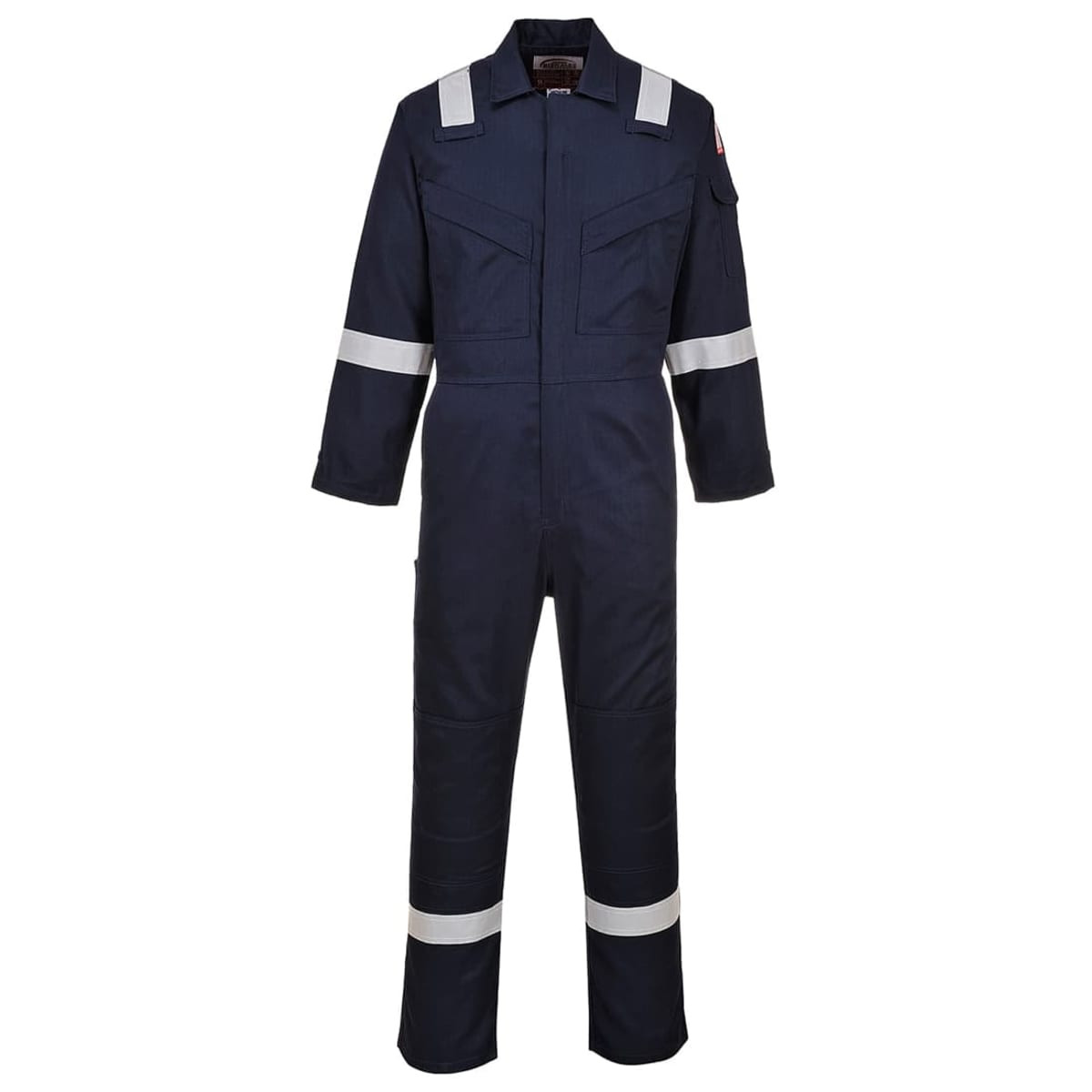 A navy blue antistatic coverall with reflective stripes and a logo on the chest. It features long sleeves and a zip-up front.