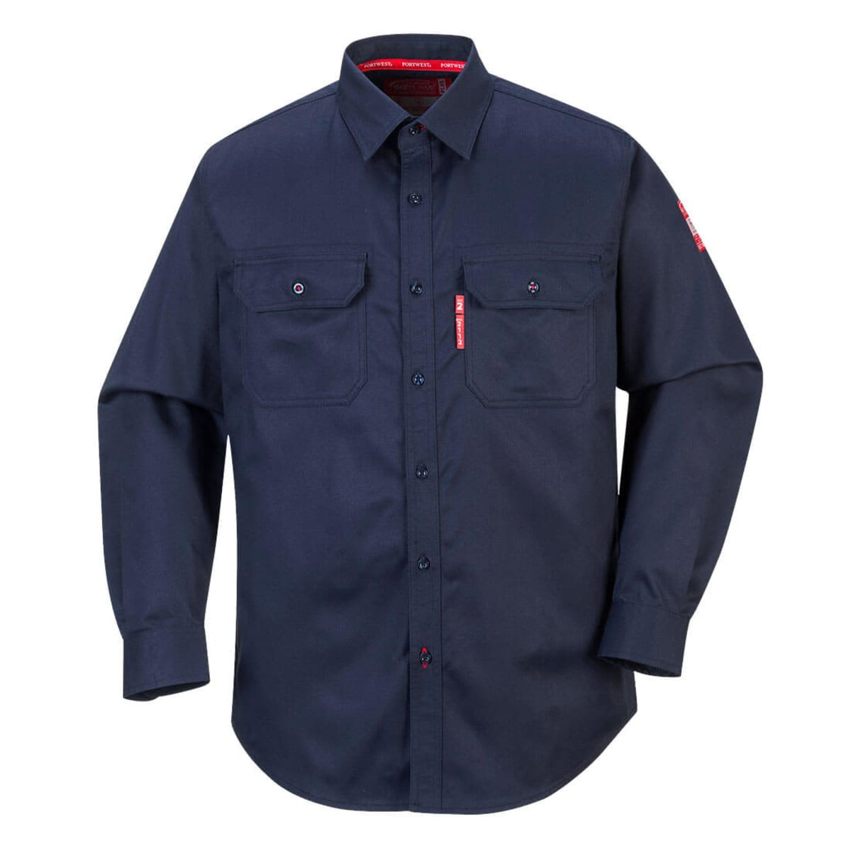 A navy blue long-sleeve work shirt featuring two chest pockets and a logo on the sleeve.