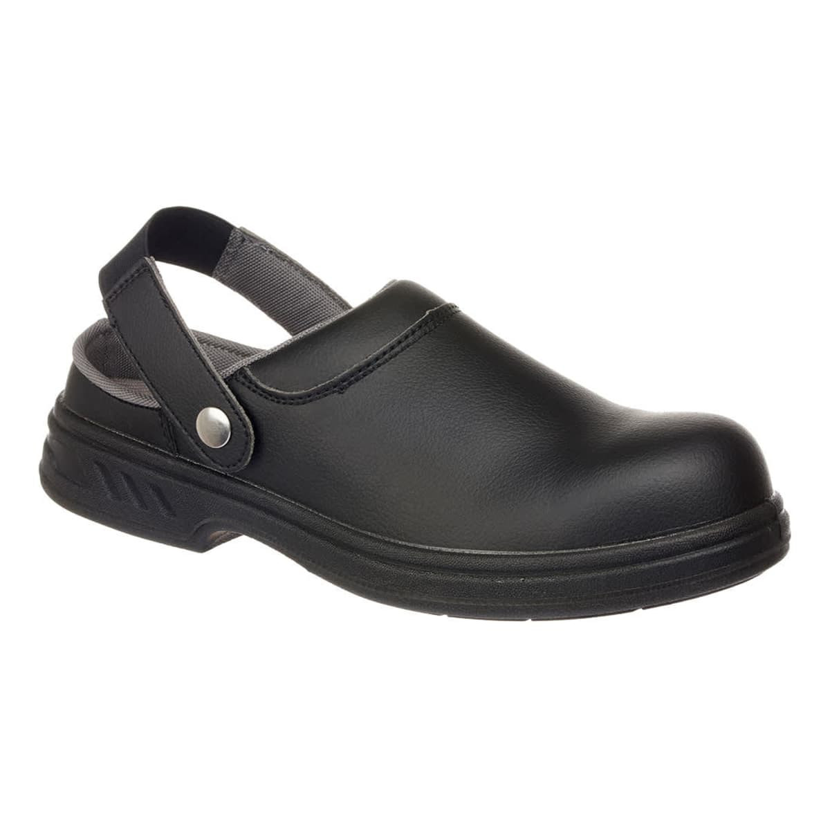 A black safety clog featuring a back strap and a sturdy sole, designed for safety wear. It has a logo on the side.