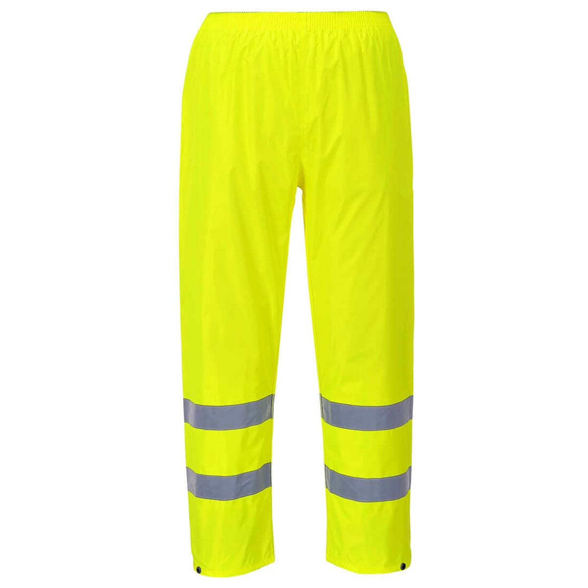 Hi-Vis rain trousers in bright yellow with reflective silver stripes. Features an elasticised waistband and a logo.