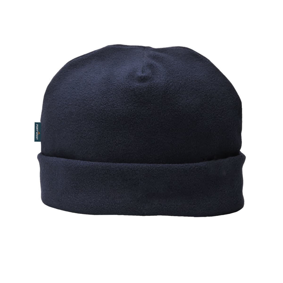 An insulated fleece beanie in navy blue, featuring a logo. Ideal for warmth and comfort.