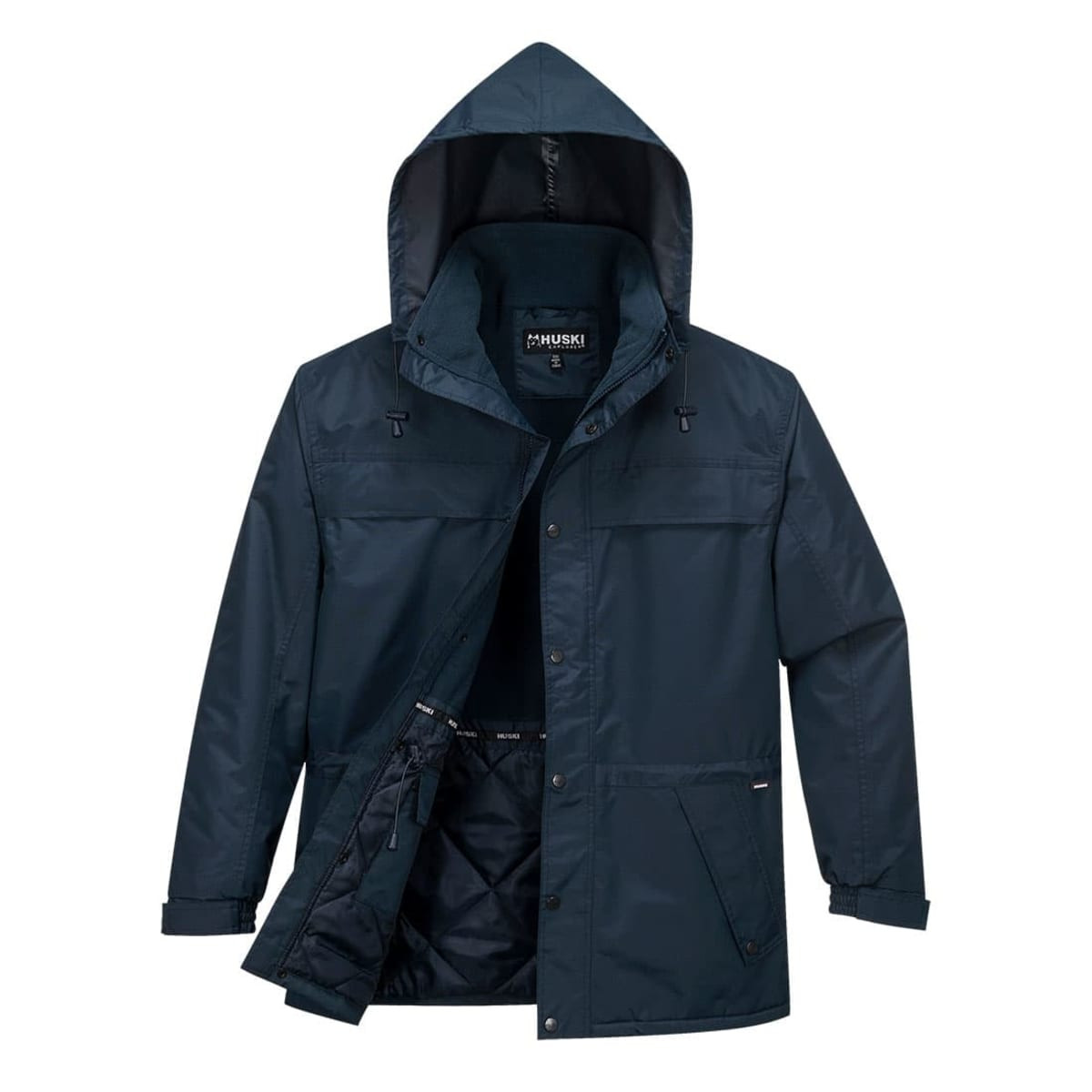 A dark navy puffer jacket with a hood, featuring a front zip and several pockets, and a logo inside.