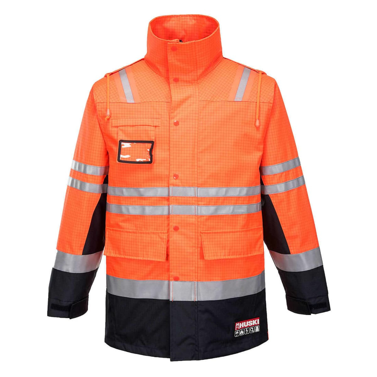 An orange and black safety jacket with reflective strips and a pocket, featuring a logo on the front.