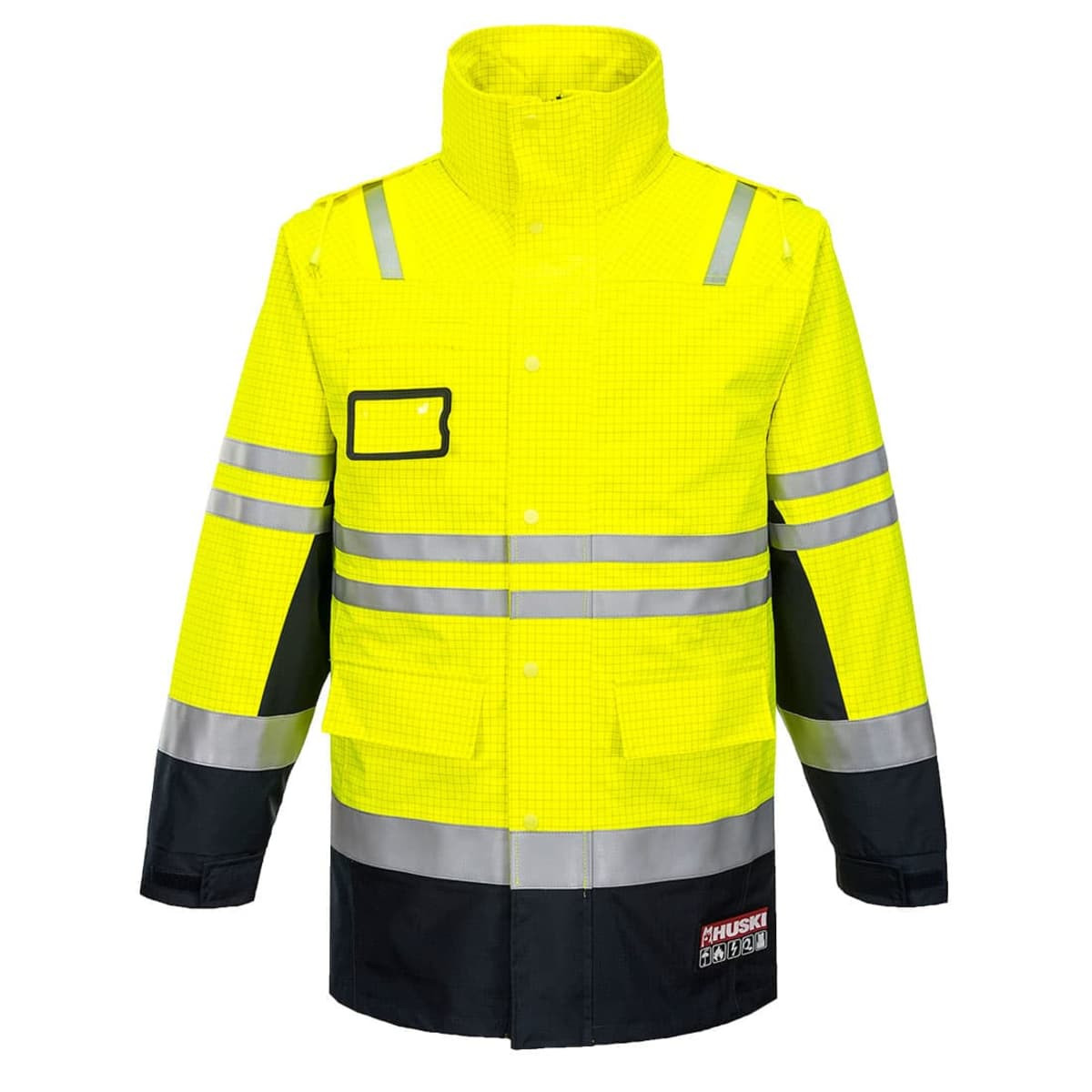 A fluorescent yellow safety jacket with reflective stripes and dark navy accents, featuring pockets and a logo.