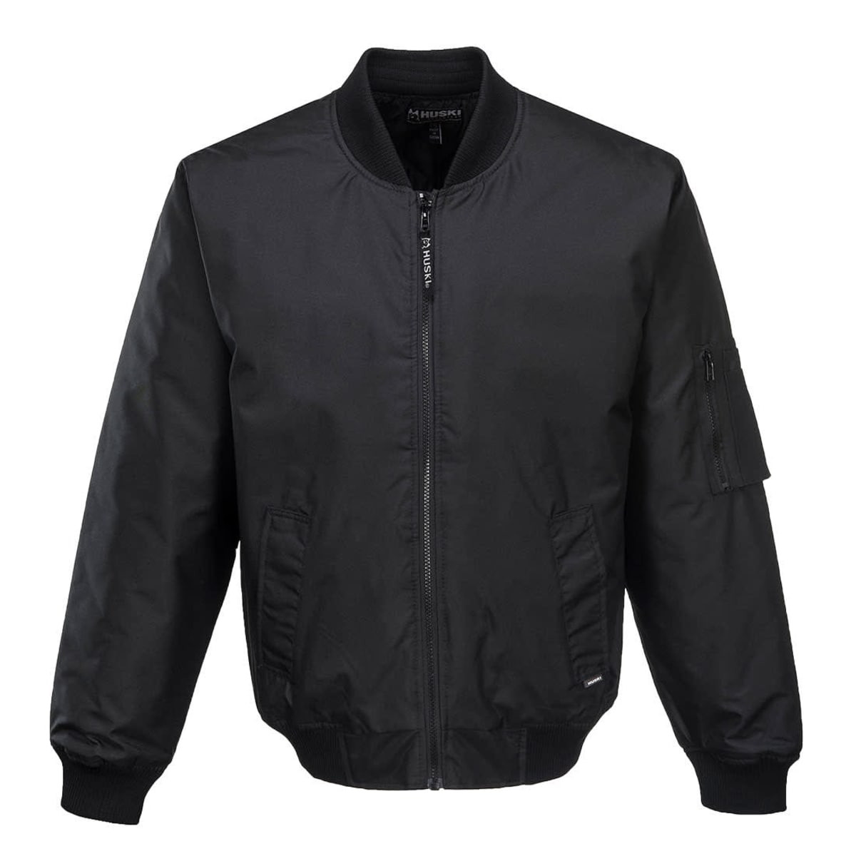 A black jacket with a zip front and a side pocket, featuring a classic bomber style design.
