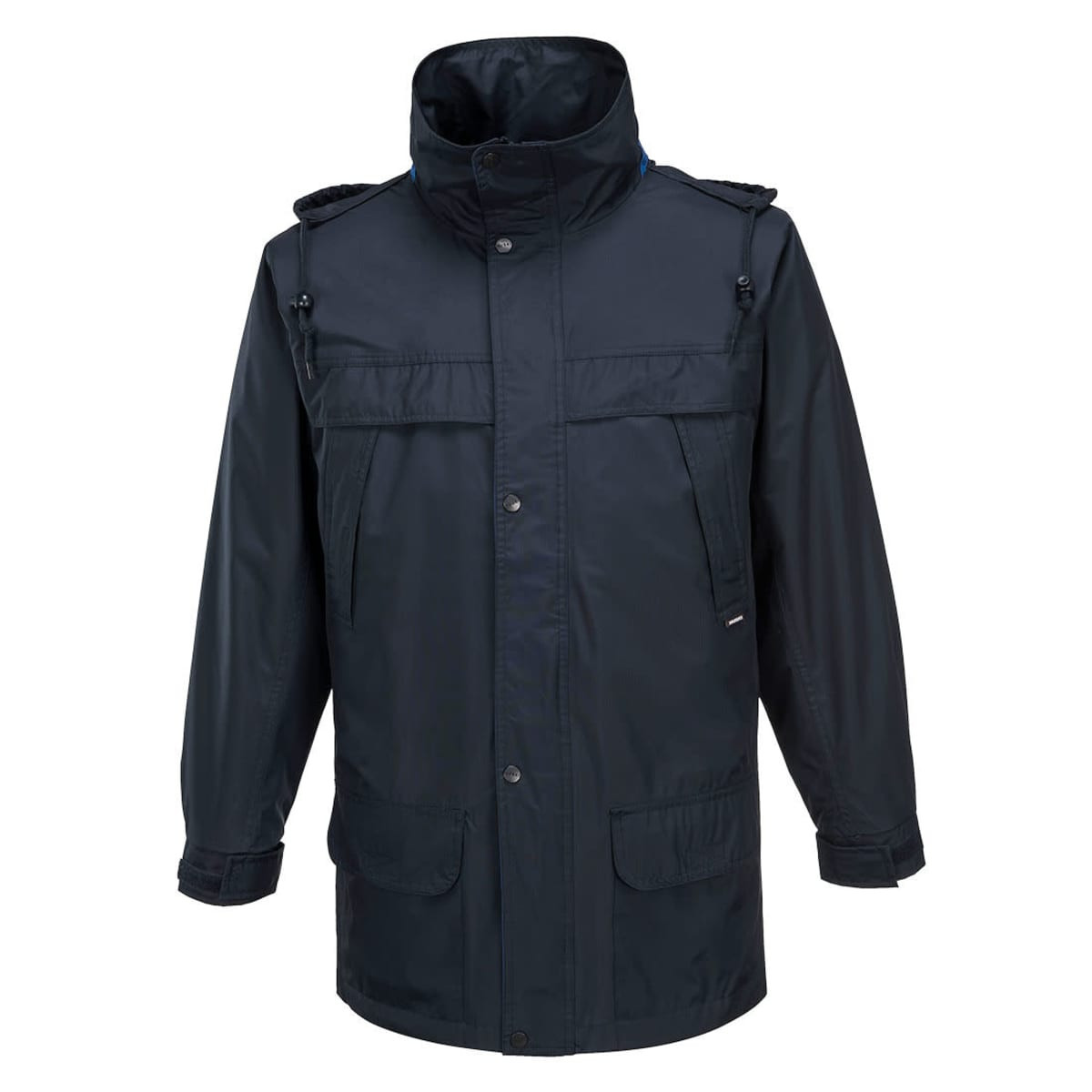 A dark blue classic jacket with a high collar, multiple pockets, and adjustable features. It has a logo on it.