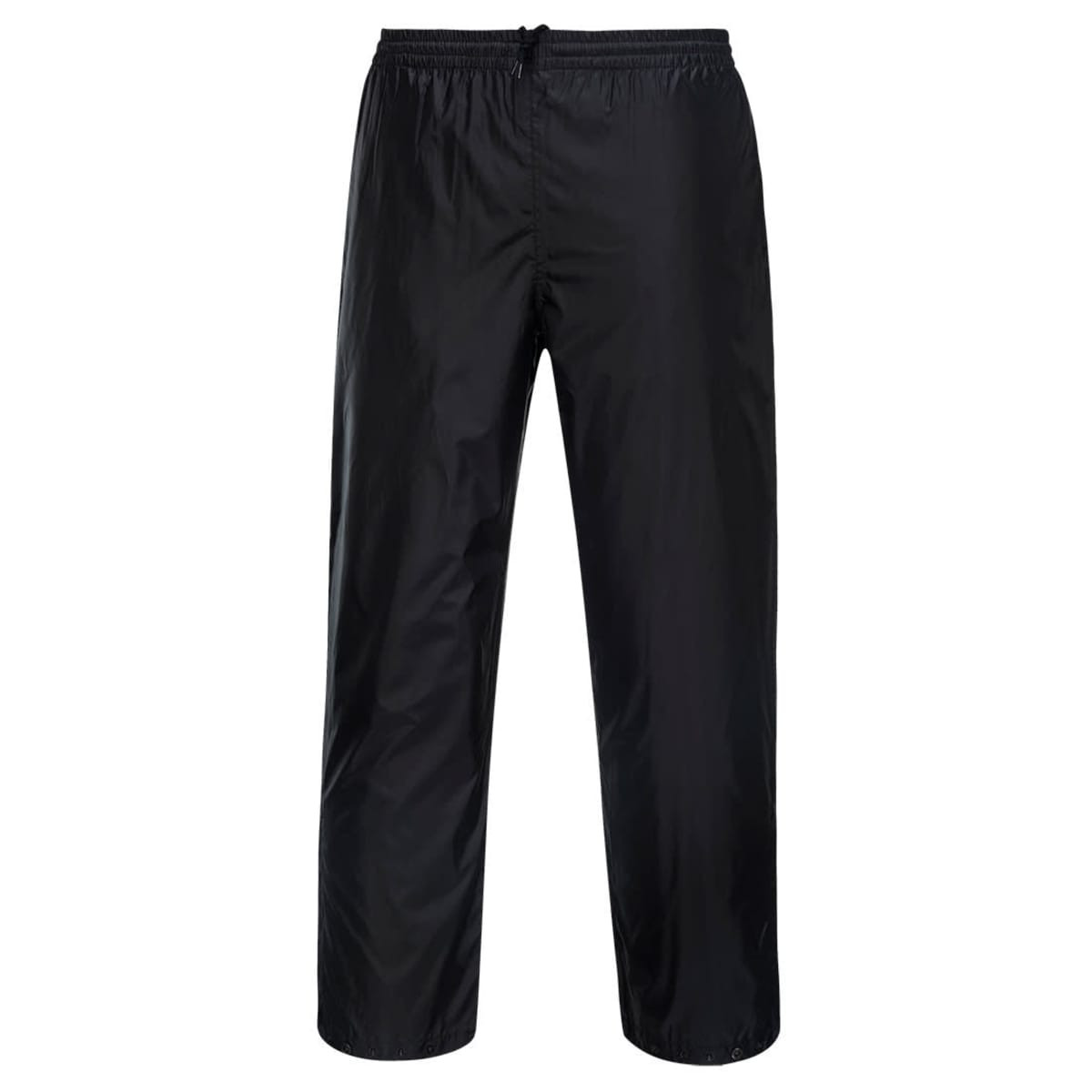 Packable pants in black with an elastic waistband and a logo. Lightweight design suitable for various activities.
