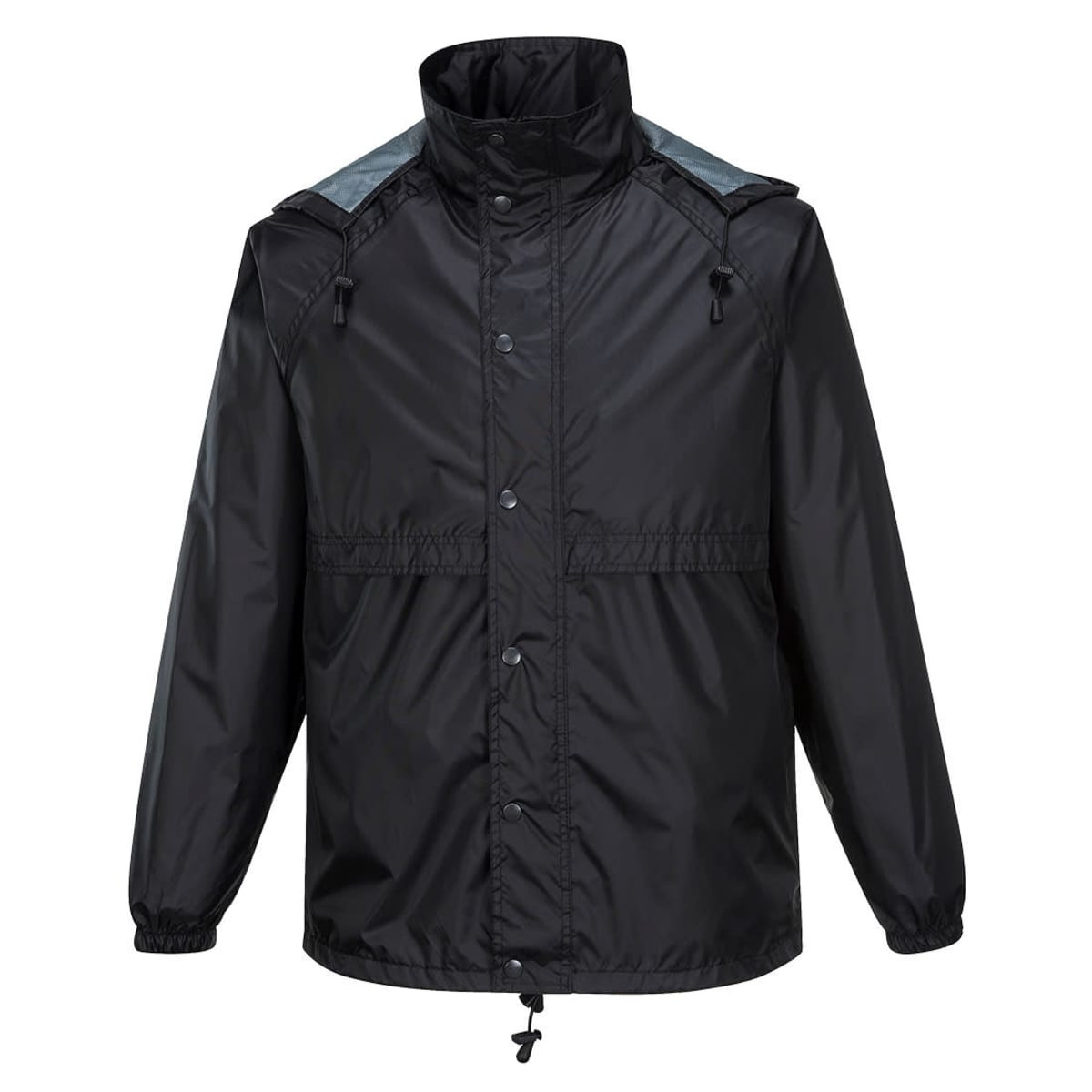 A black packable jacket featuring a front zipper, elastic cuffs, and a hood, with a logo on the chest.