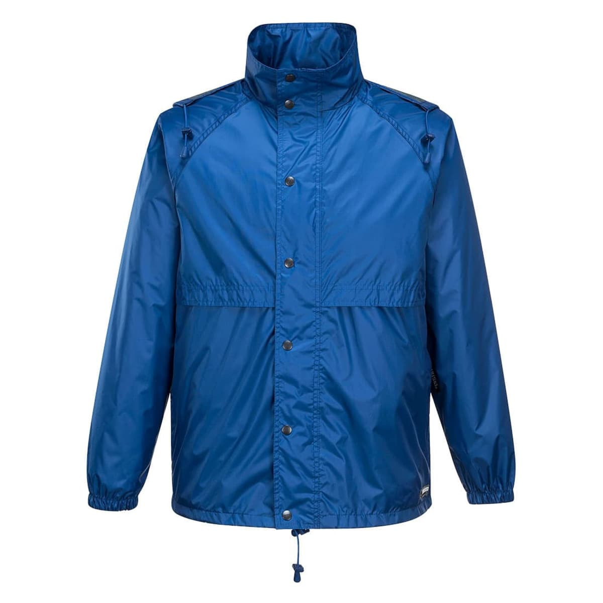 A blue packable jacket with a high collar and adjustable cuffs, featuring a logo on the front.
