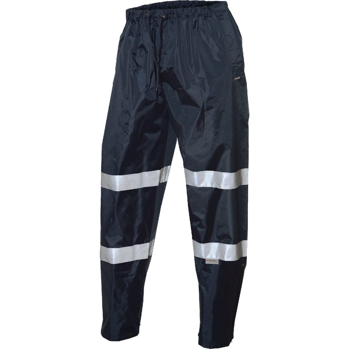 Black pants with reflective silver stripes, featuring an elasticised waistband and a lightweight design.