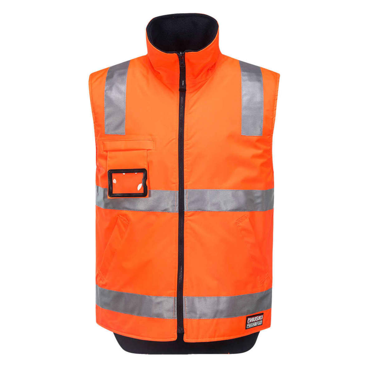 An orange high-visibility traffic vest featuring reflective strips and a front pocket. The vest has a zip closure and a collar.