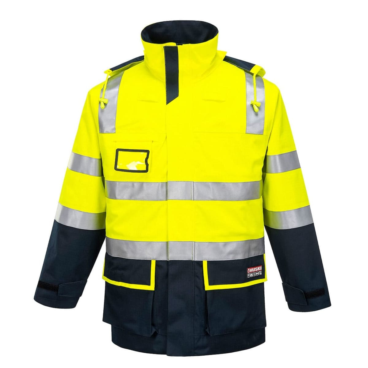 A hi-vis yellow and navy work jacket with reflective stripes and a logo on the front.