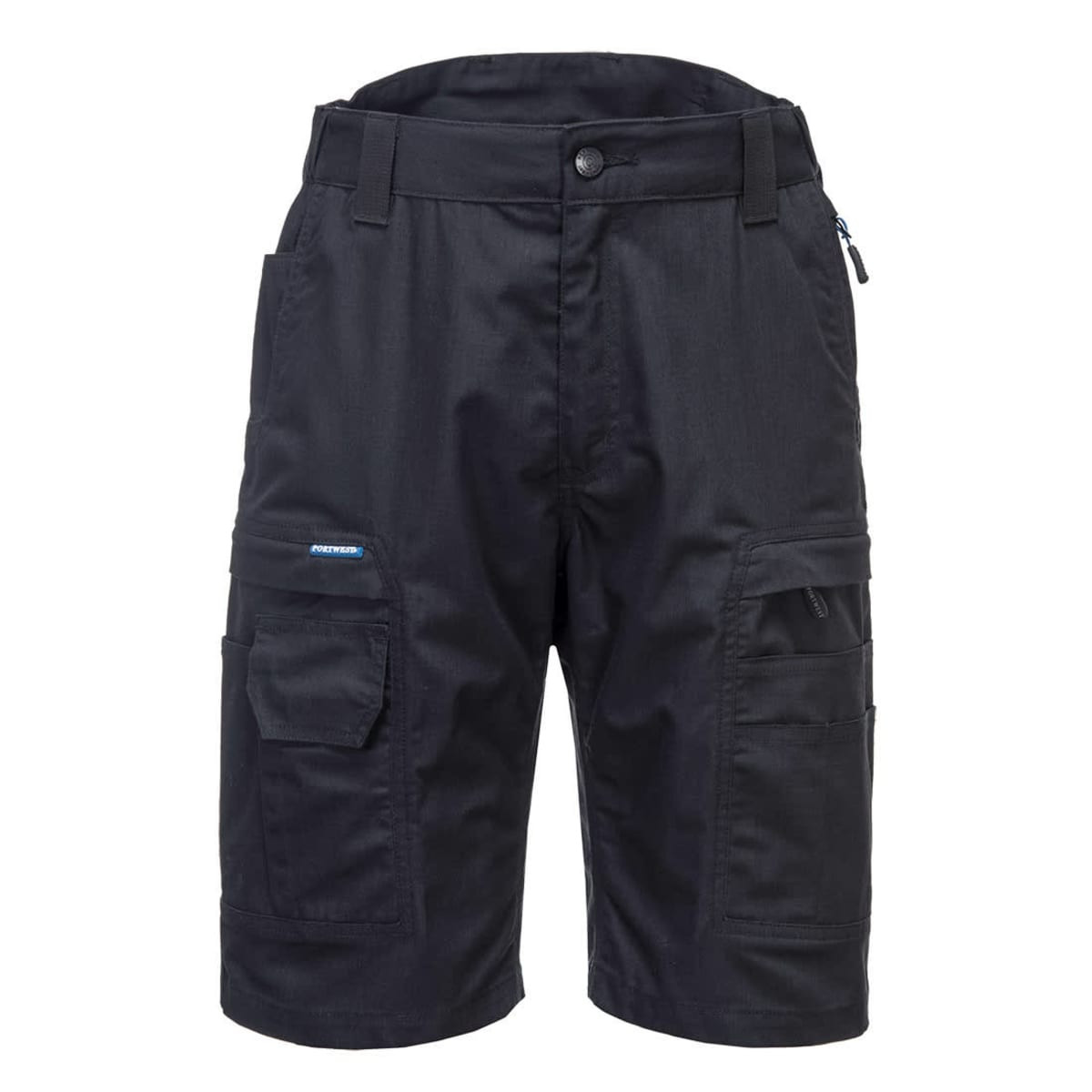 Black cargo shorts featuring multiple pockets and a branded logo.