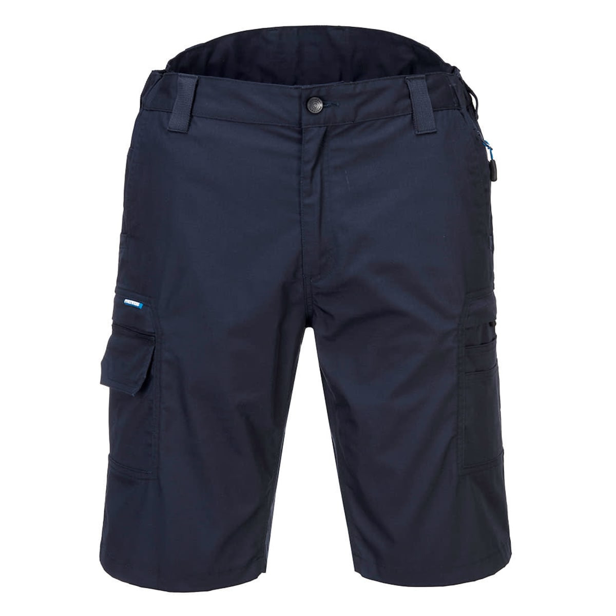 Navy cargo shorts featuring multiple pockets and a fitted waistband. Includes a logo on the side.