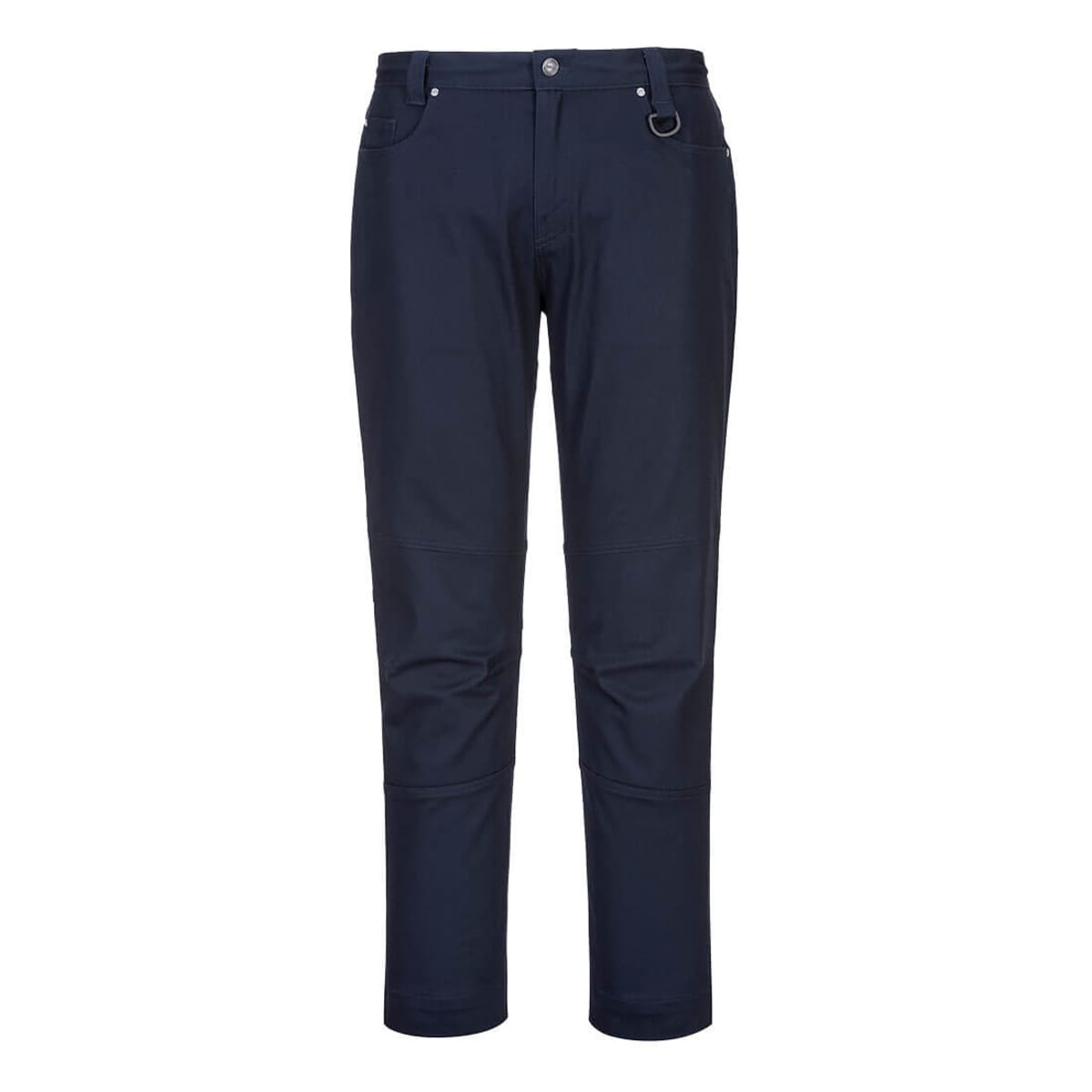 A pair of ladies' slim fit work pants in navy blue with a logo on the waistband.