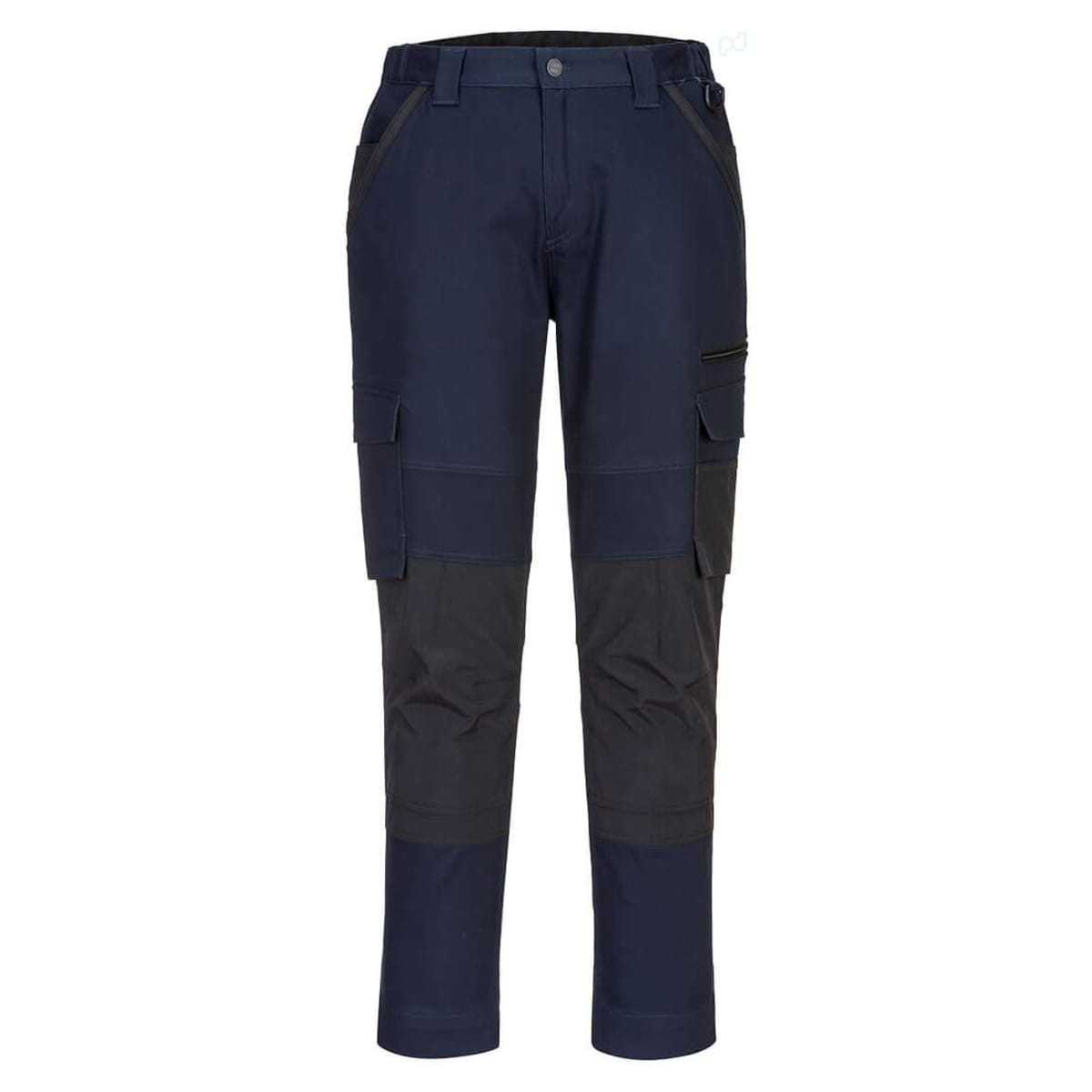 Navy blue women's stretch slim fit trade pants featuring cargo pockets and a logo.